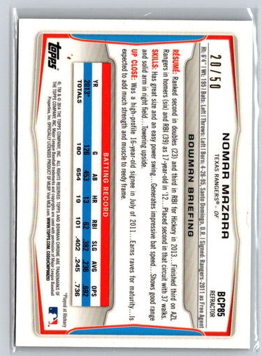 2014 Bowman #BCP85 Nomar Mazara Chrome Prospects Gold Refractors #/50 F24