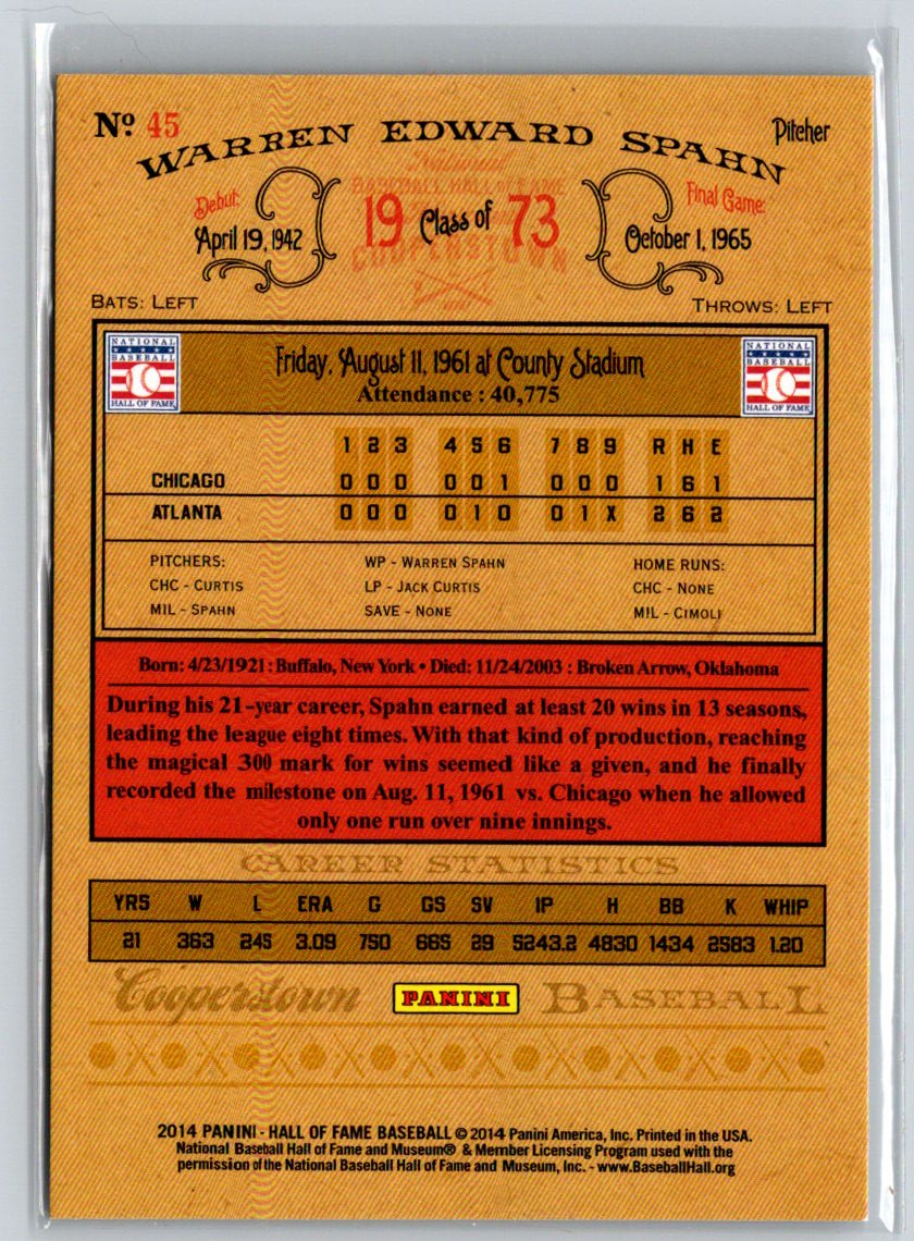 2014 Panini Hall of Fame 75th - Blue Frame Red #45 Warren Spahn #/50 F24