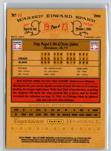 2014 Panini Hall of Fame 75th - Blue Frame Red #45 Warren Spahn #/50 F24