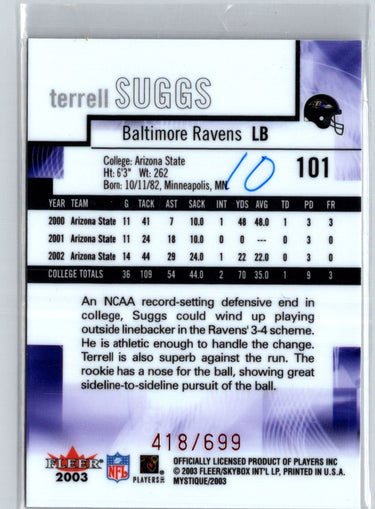 2003 Fleer Mystique #101 Terrell Suggs #/699 F25