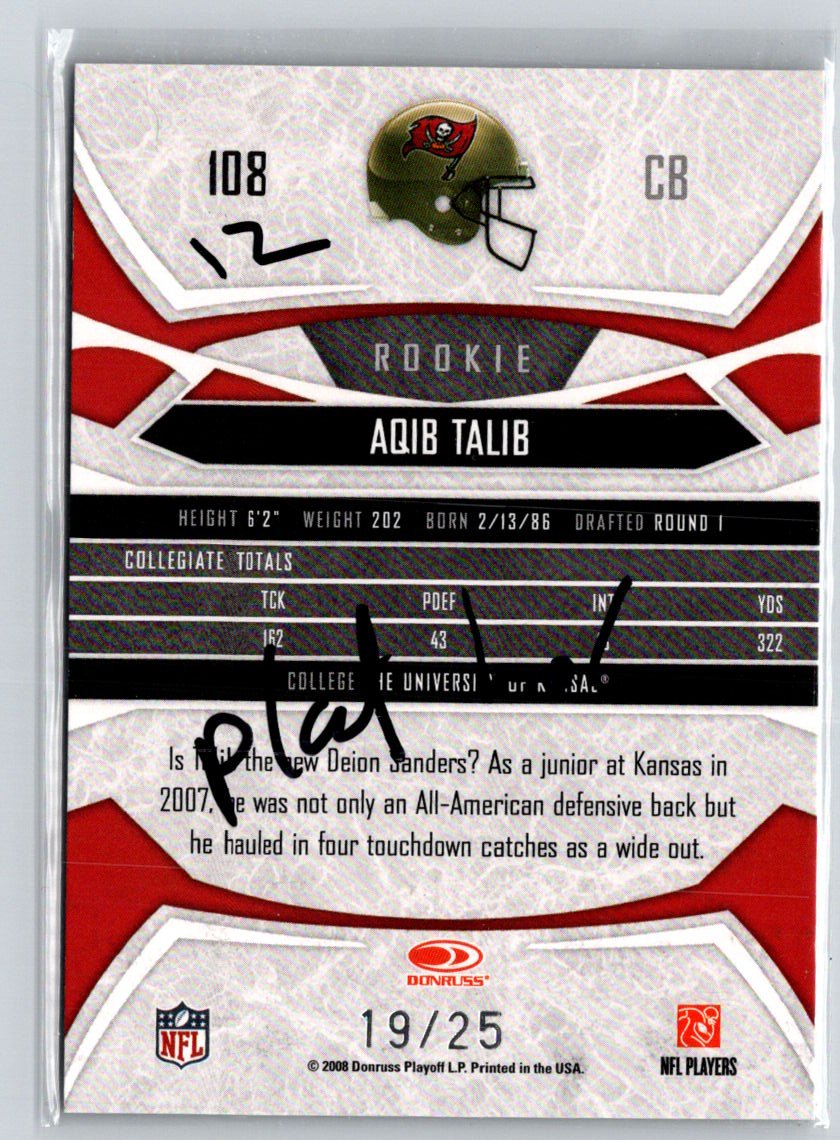 2008 Donruss Gridiron Gear #108 Aqib Talib Platinum Holofoil #/25 F25