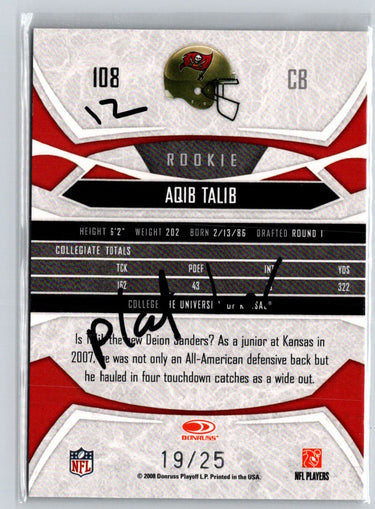2008 Donruss Gridiron Gear #108 Aqib Talib Platinum Holofoil #/25 F25