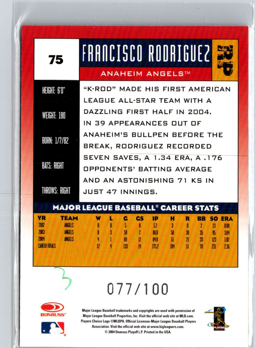 2005 Donruss #75 Francisco Rodriguez Press Proofs Blue #/100 F25