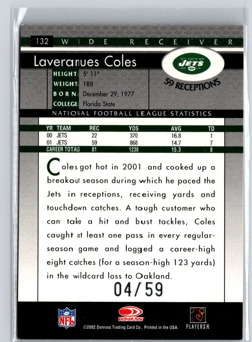2002 Donruss #132 Laveranues Coles Stat Line Season #/59 F25
