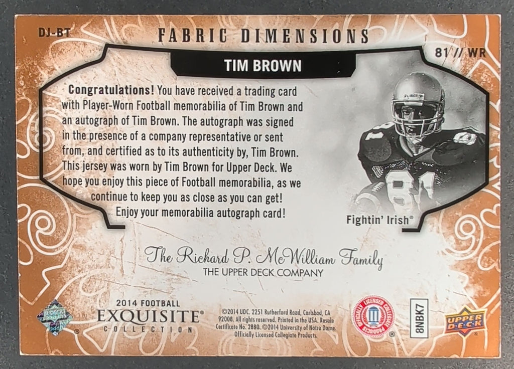 2014 Upper Deck Exquisite Collection #DJ-BT Tim Brown Fabric Dimensions D27