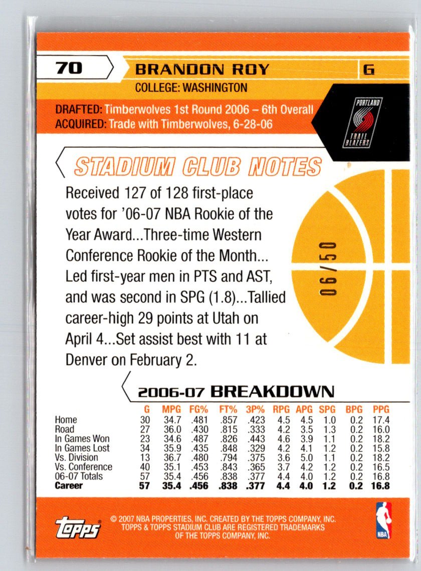2007-08 Stadium Club #70 Brandon Roy Photographer's Proof Gold #/50 F30
