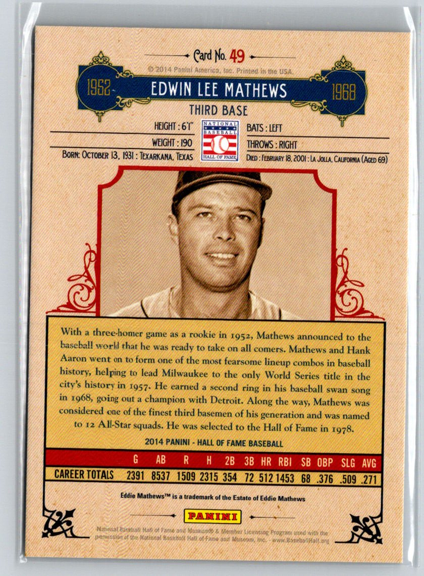 2014 Hall of Fame 75th Year Anniversary Blue Frame Red #49 Eddie Mathews /50 F31