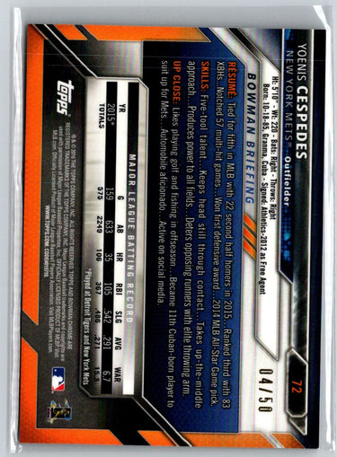 2016 Bowman Chrome #72 Yoenis Cespedes Gold Refractor #/50 F34