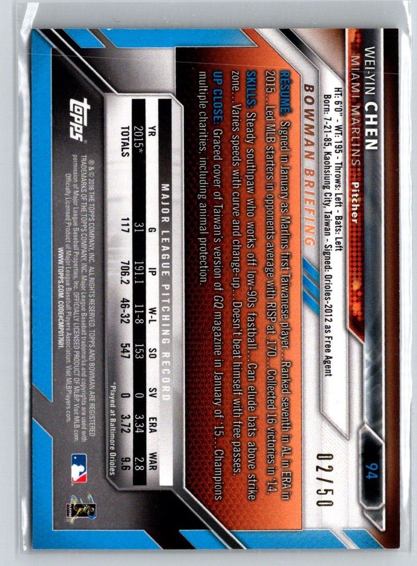 2016 Bowman #94 Wei-Yin Chen Gold #/50 F34