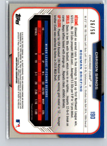 2015 Bowman Draft #190 Carson Sands Chrome Gold Refractors #/50 F35