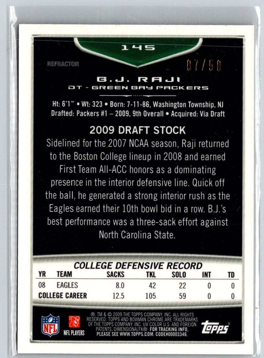 2009 Bowman Chrome #145 B.J. Raji Gold Refractors #/50 F35