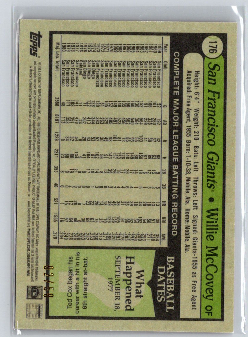 2016 Topps Archives #176 Willie McCovey Red Border #/50 F37