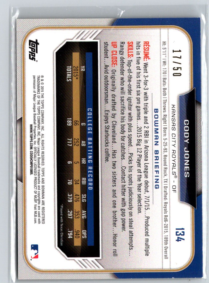 2015 Bowman Draft #134 Cody Jones Gold #/50 F38