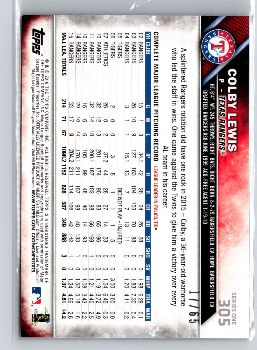 2016 Topps #305 Colby Lewis Black #/65 F39