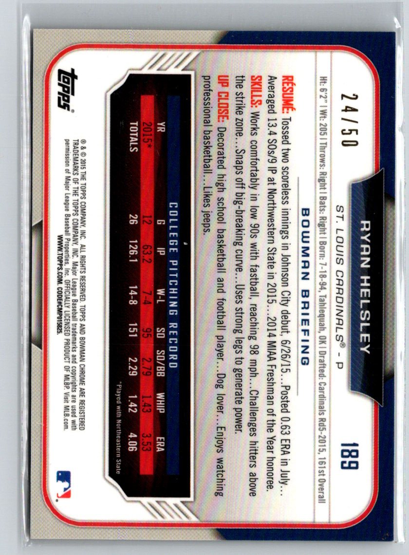 2015 Bowman Draft #189 Ryan Helsley Chrome Gold Refractors #/50 F41