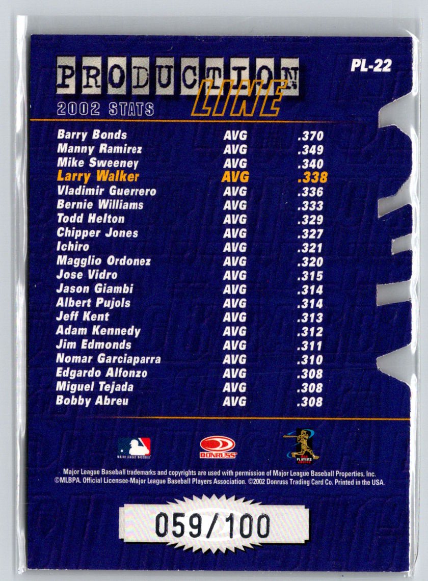 2003 Donruss #PL-22 Larry Walker Production Line Die Cut #/100 F44