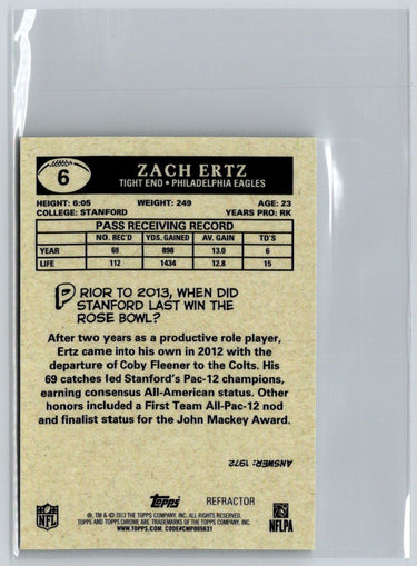 2013 Topps Chrome #6 Zach Ertz 1959 Minis Refractors #/99 F44