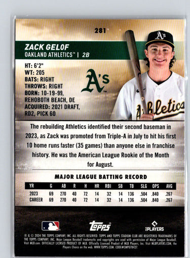 2024 Stadium Club #281 Zack Gelof Pink Foil G02