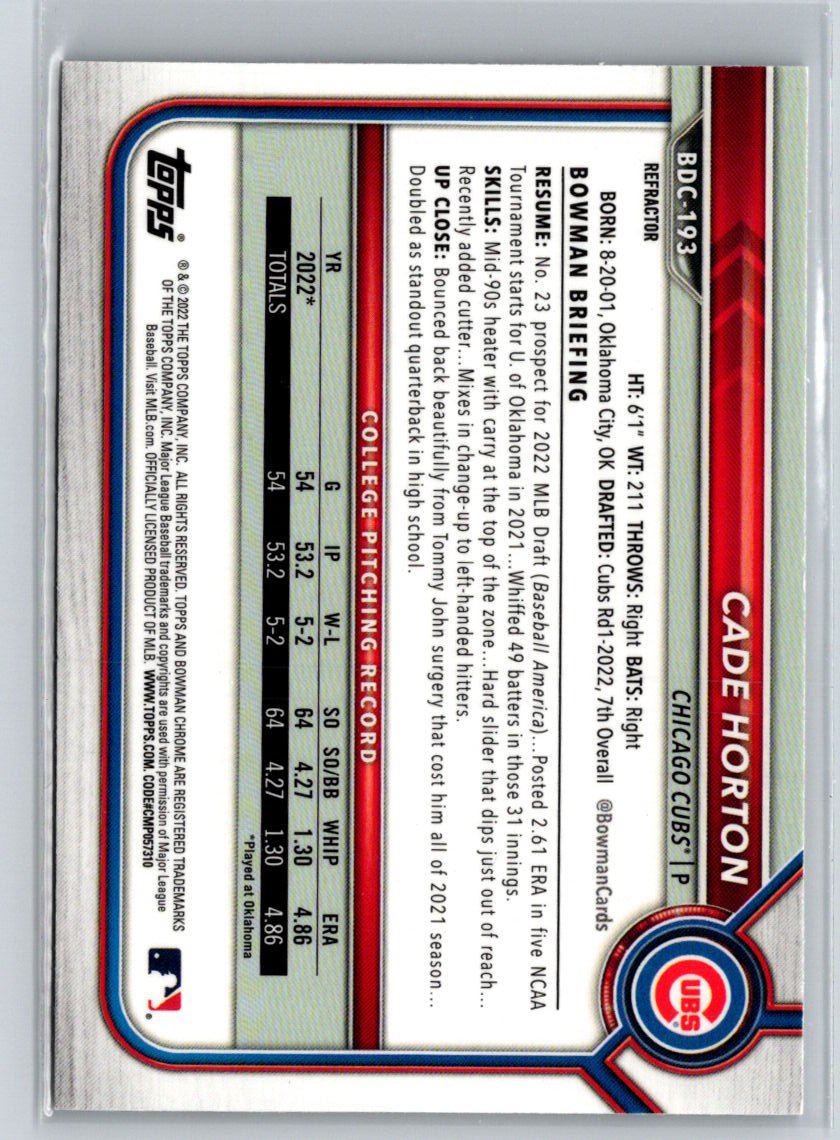2022 Bowman Draft #BDC-193 Cade Horton Chrome Refractor G03