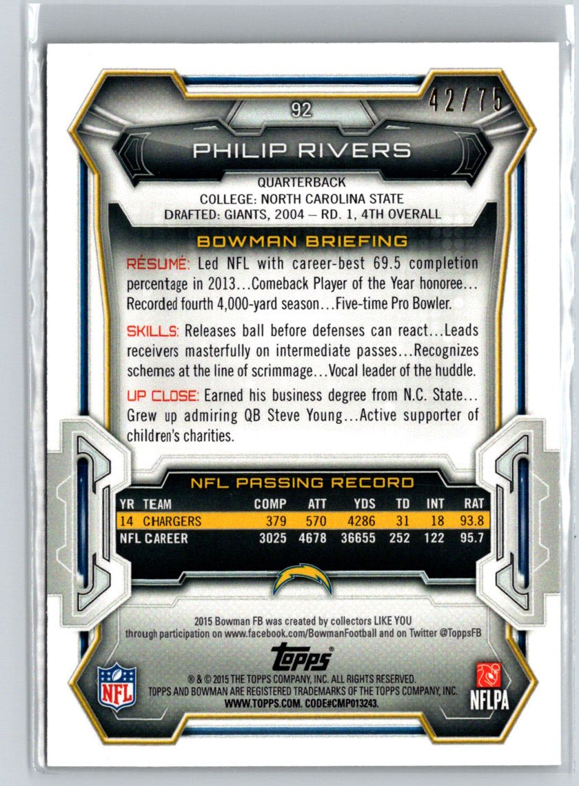 2015 Bowman #92 Philip Rivers Veterans Gold #/75 G03