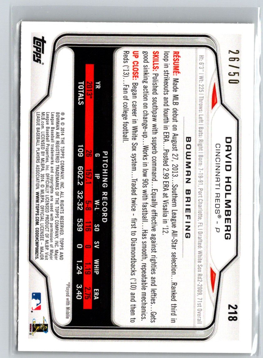 2014 Bowman #218 David Holmberg Gold #/50 G09