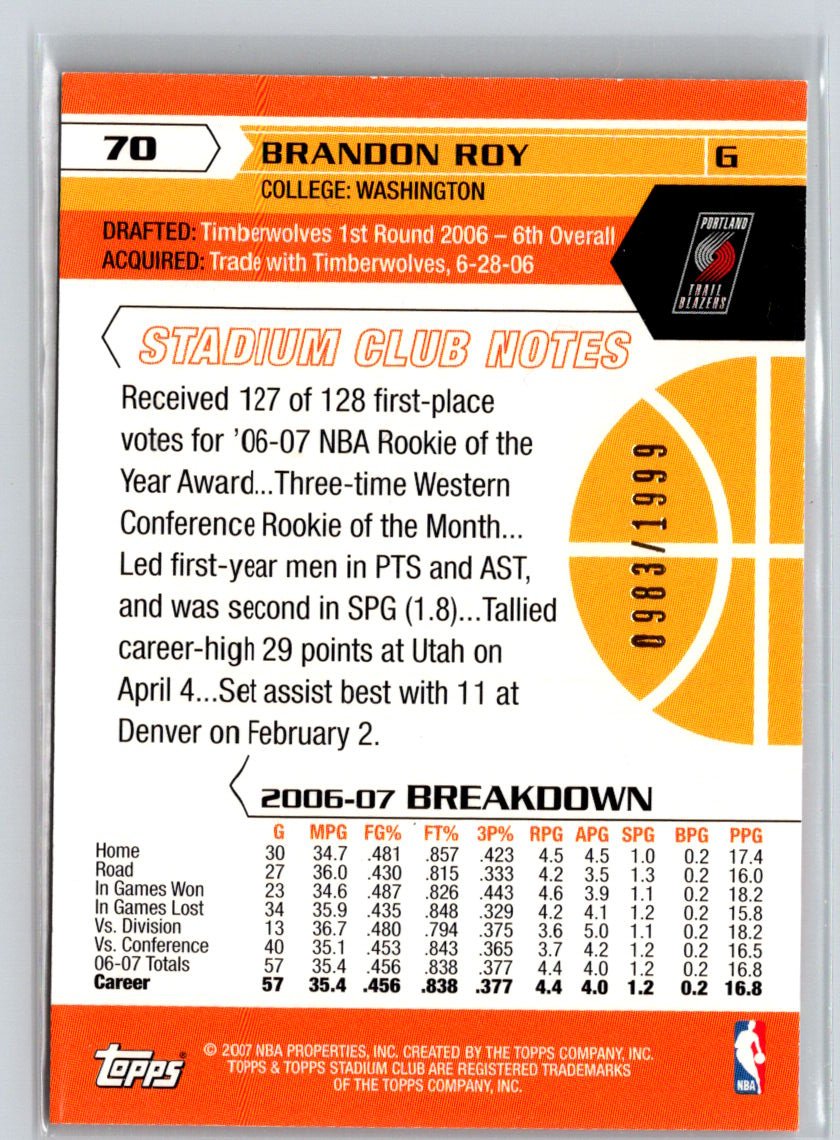 2007-08 Stadium Club #70 Brandon Roy 1st Day Issue #/1999 G10