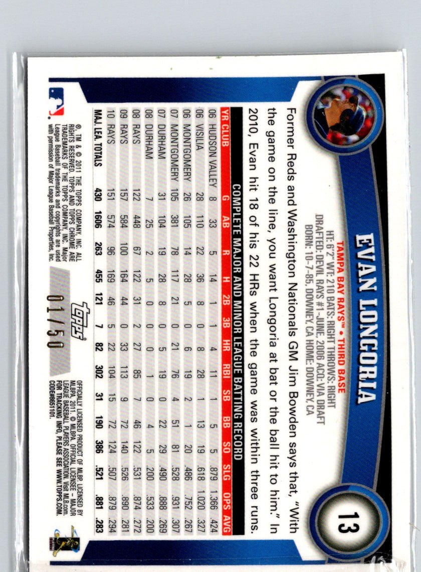 2011 Topps Chrome #13 Evan Longoria Gold Refractors #/50 G12