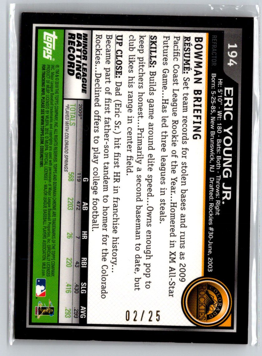2010 Bowman Chrome #194 Eric Young Jr. Orange Refractors #/25 G12