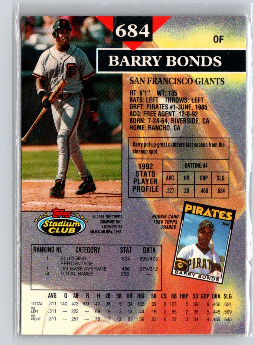 1993 Stadium Club #684 Barry Bonds Members Only G13
