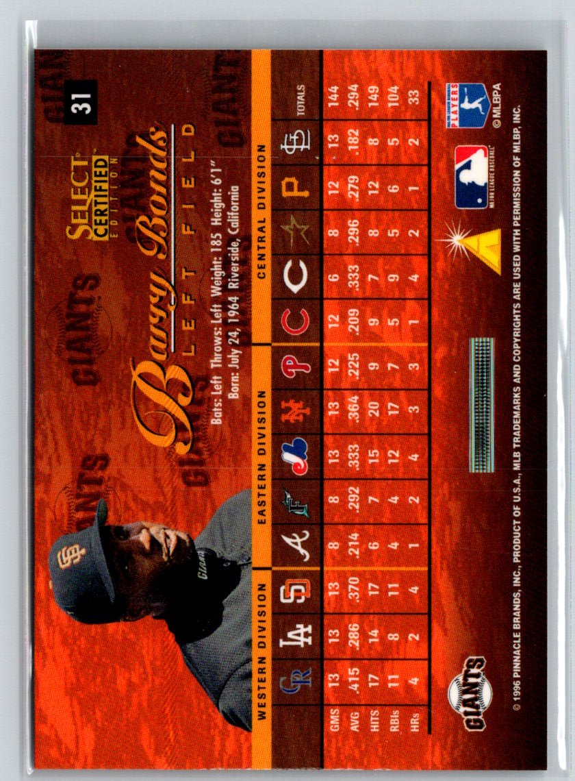 1996 Select Certified #31 Barry Bonds Artist's Proofs G16