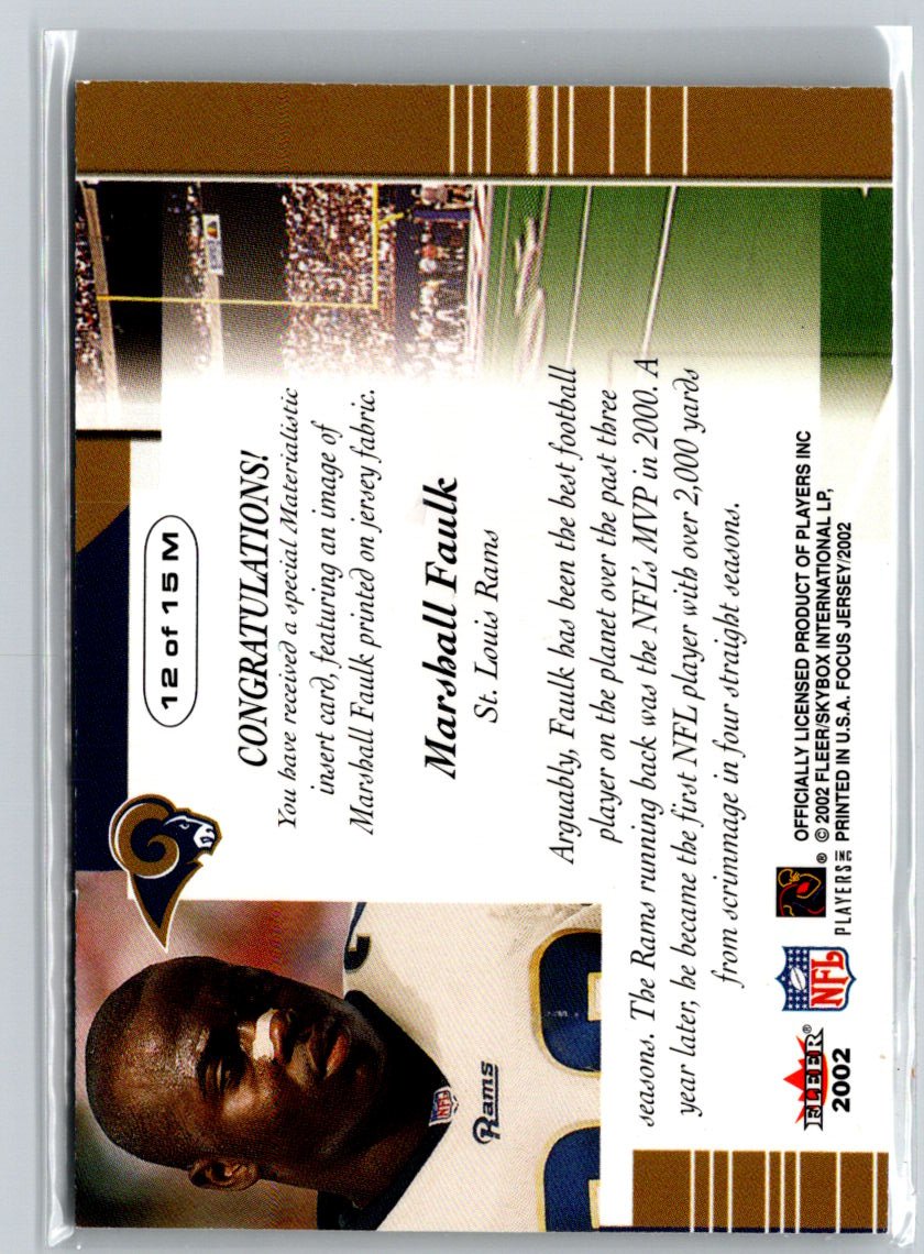 2002 Fleer Focus Jersey Edition #12 M Marshall Faulk Materialistic Home G17