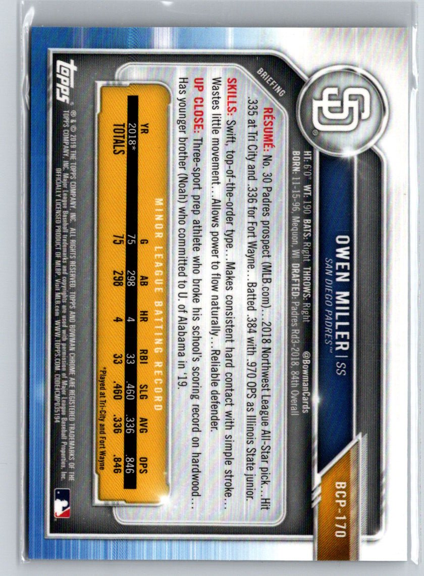 2019 Bowman Chrome #BCP-170 Owen Miller Prospects Purple Shimmer Refractor G17