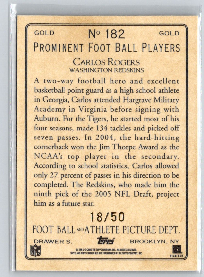 2005 Topps Turkey Red #182 Carlos Rogers Gold #/50 G18