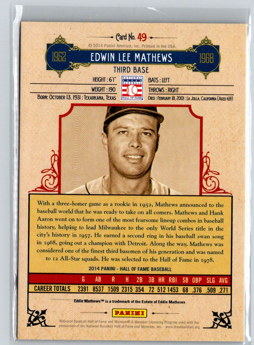 2014 Panini Hall of Fame Red Frame #49 Eddie Mathews #/75 G19
