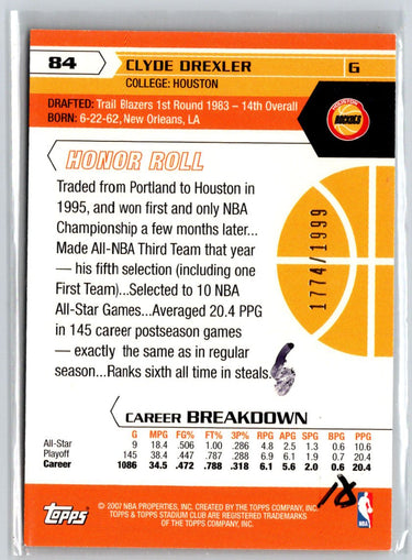 2007-08 Stadium Club #84 Clyde Drexler 1st Day Issue #/1999 G20