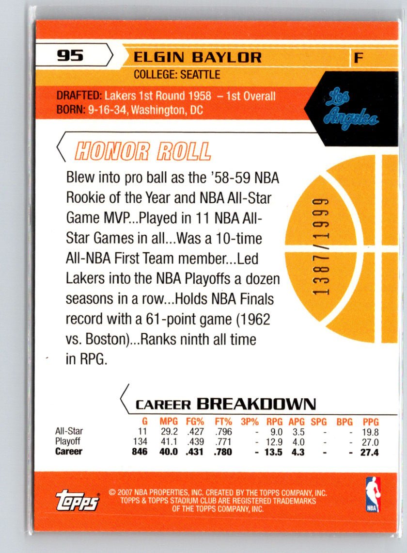 2007-08 Stadium Club #95 Elgin Baylor 1st Day Issue #/1999 G20
