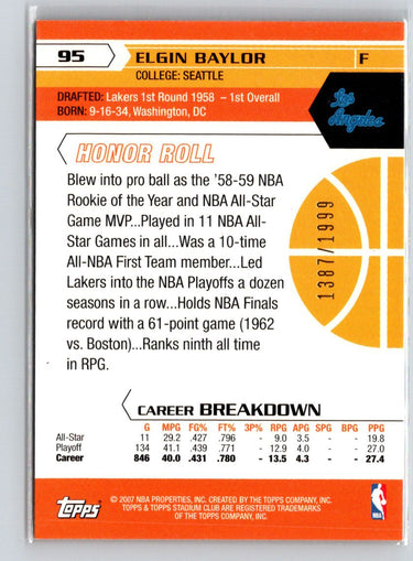 2007-08 Stadium Club #95 Elgin Baylor 1st Day Issue #/1999 G20