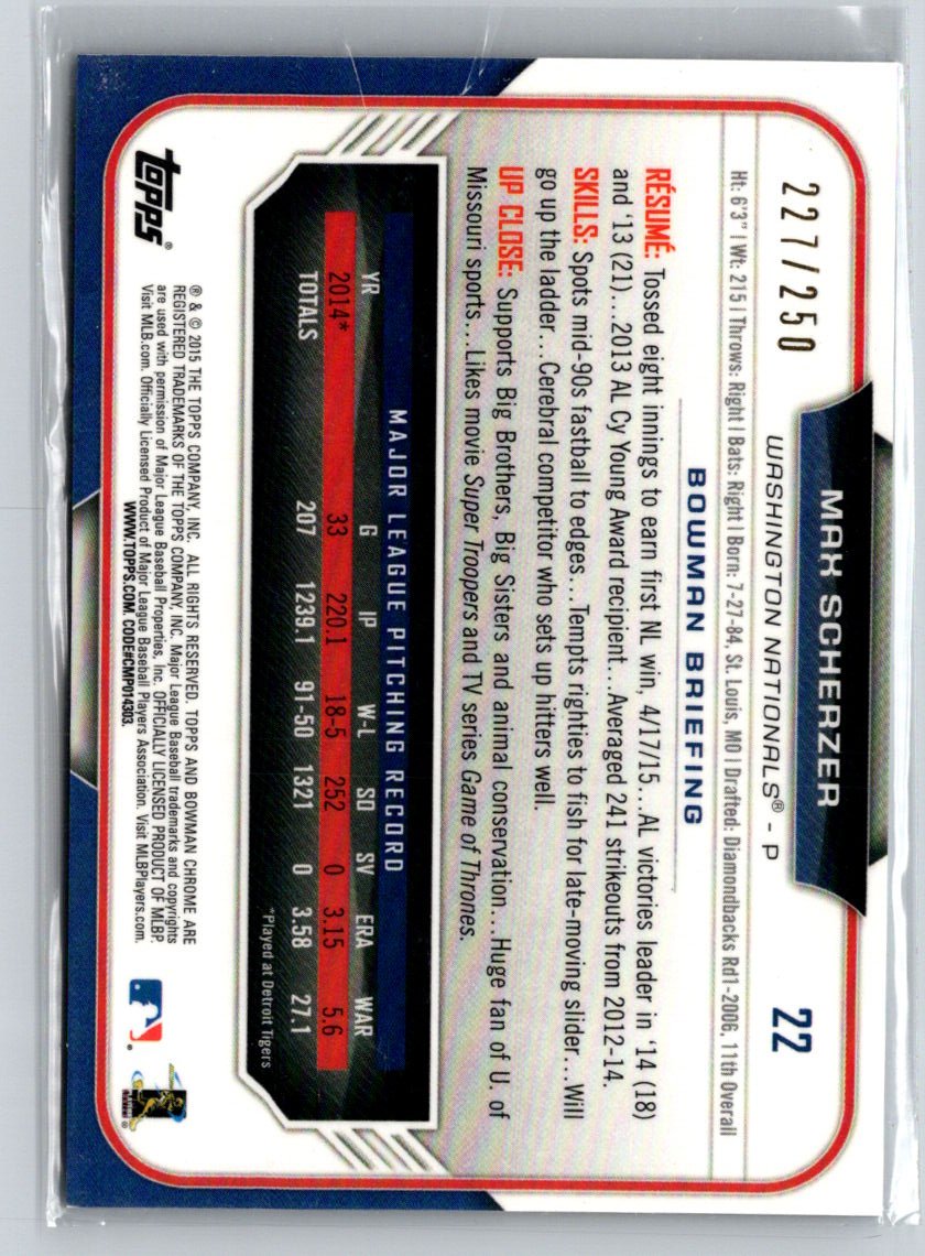 2015 Bowman Chrome #22 Max Scherzer Purple Refractors #/250 G23