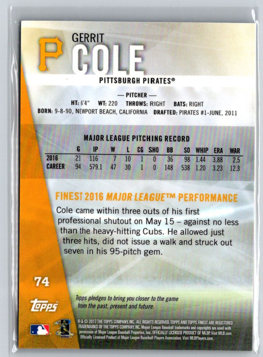 2017 Finest #74 Gerrit Cole Blue Refractor #/150 G23