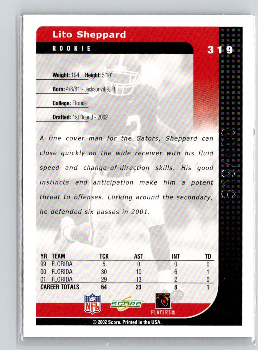 2002 Score #319 Lito Sheppard Scorecard #/400 G25