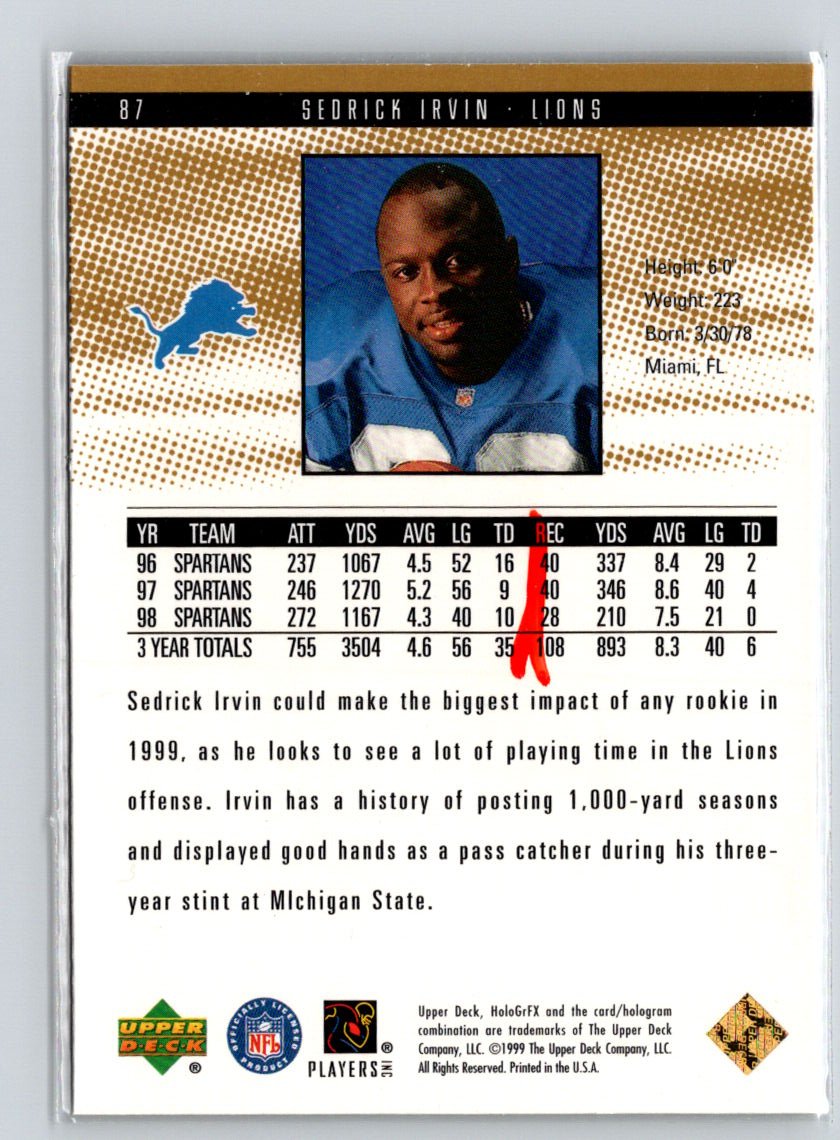 1999 Upper Deck HoloGrFX #87 Sedrick Irvin AuSome G25