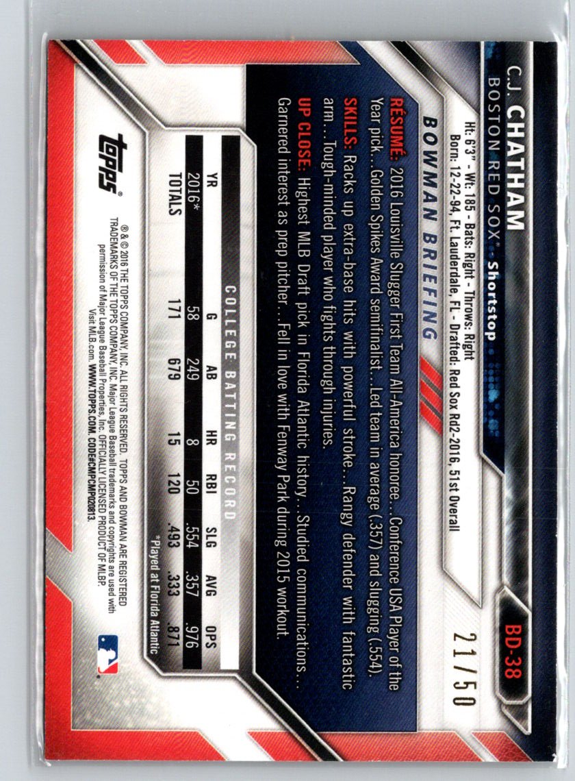 2016 Bowman Draft #BD-38 C.J. Chatham Gold Border #/50 G26