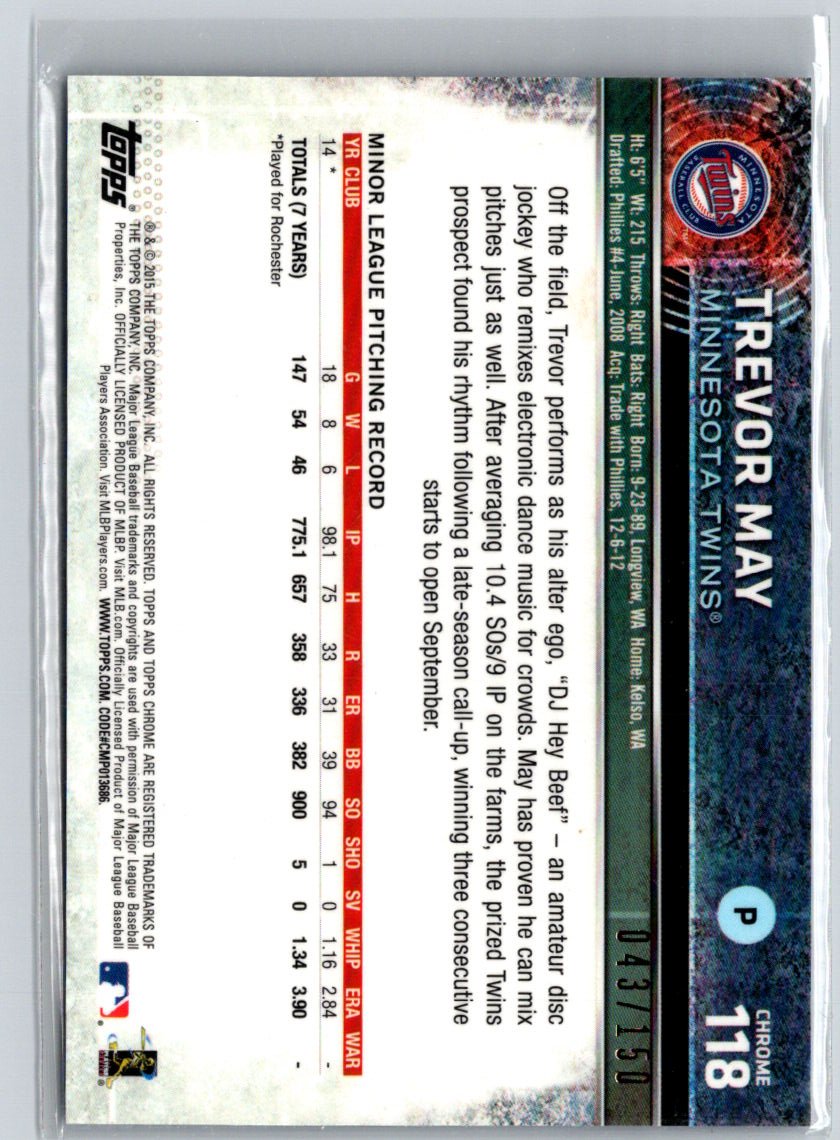 2015 Topps Chrome #118 Trevor May Blue Refractor #/150 G28