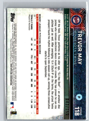 2015 Topps Chrome #118 Trevor May Blue Refractor #/150 G28