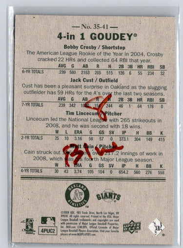 2009  Goudey Bobby Crosby / Jack Cust / Tim Lincecum / Matt Cain 4-in-1 Blue G28