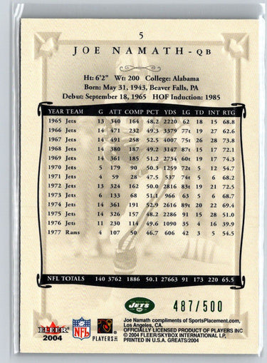 2004 Fleer Greats of the Game #5 Joe Namath Green/Red #/500 G29