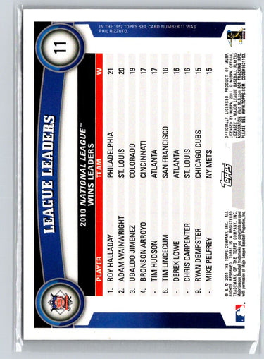 2011 Topps #11 2010 NL Wins Leaders Roy Halladay  LL Black Border G32