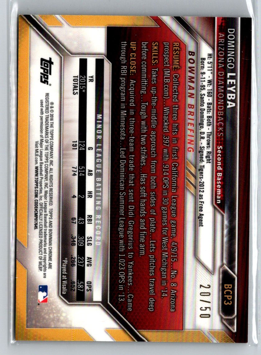 2016 Bowman #BCP3 Domingo Leyba Chrome Prospects Gold Refractor #/50 G33