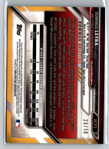 2016 Bowman #BCP3 Domingo Leyba Chrome Prospects Gold Refractor #/50 G33