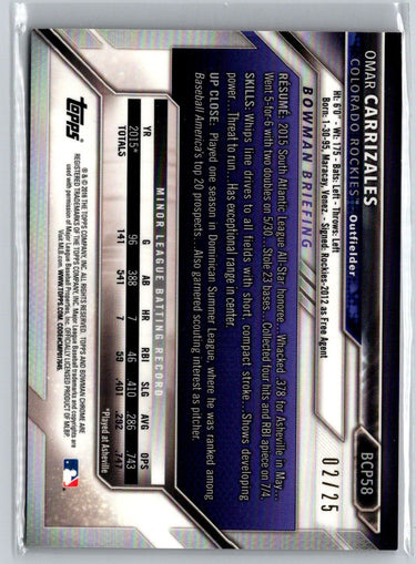 2016 Bowman #BCP58 Omar Carrizales Chrome Prospects Orange Refractor #/25 G33